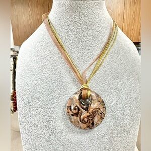 Round Art Glass Pendant Black Silver Copper Tone Sparkle Necklace